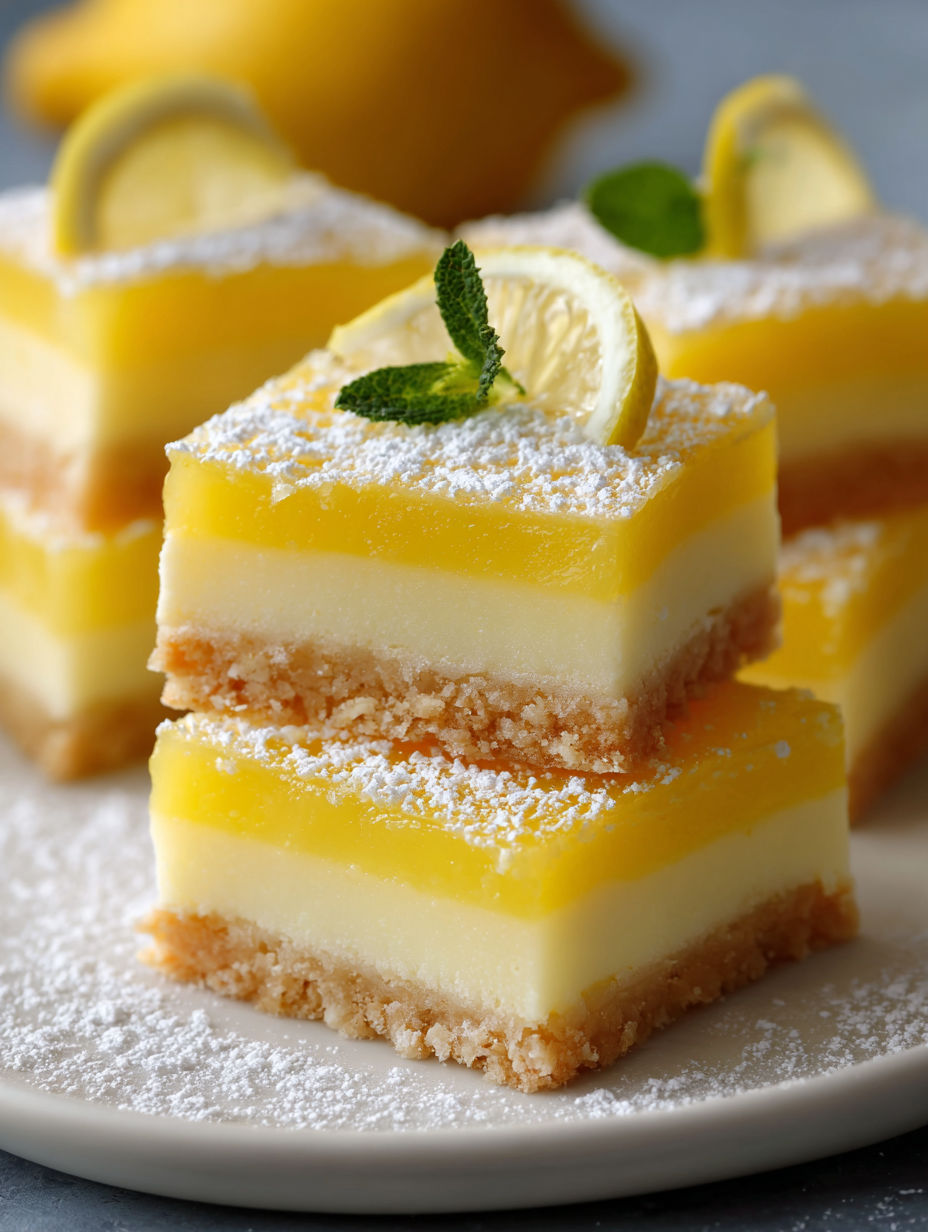 Des carrés au citron fraîchement préparés avec des tranches de citron pour la déco.