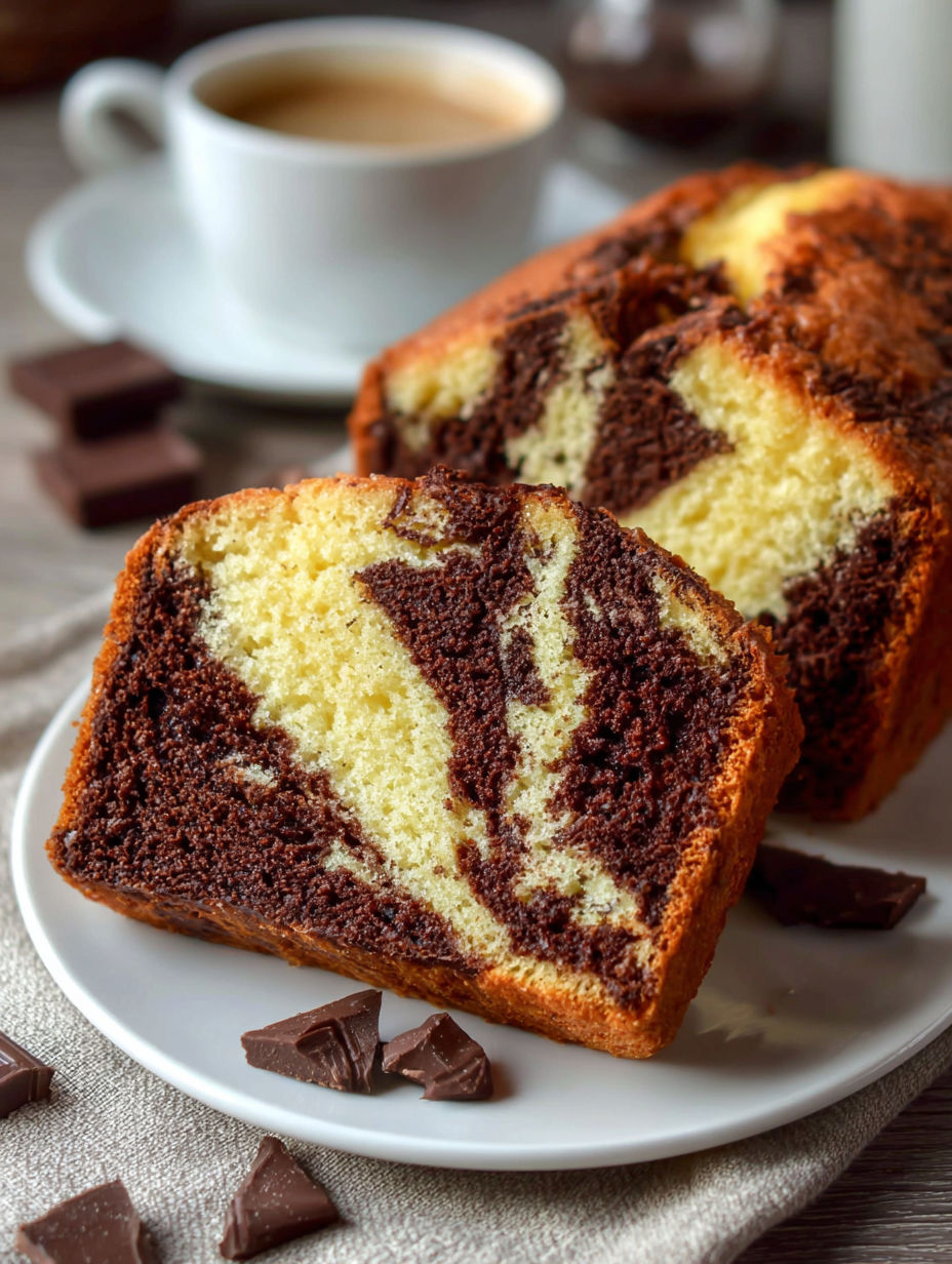 Un gâteau marbré servi sur un plateau avec une tasse de café à côté.