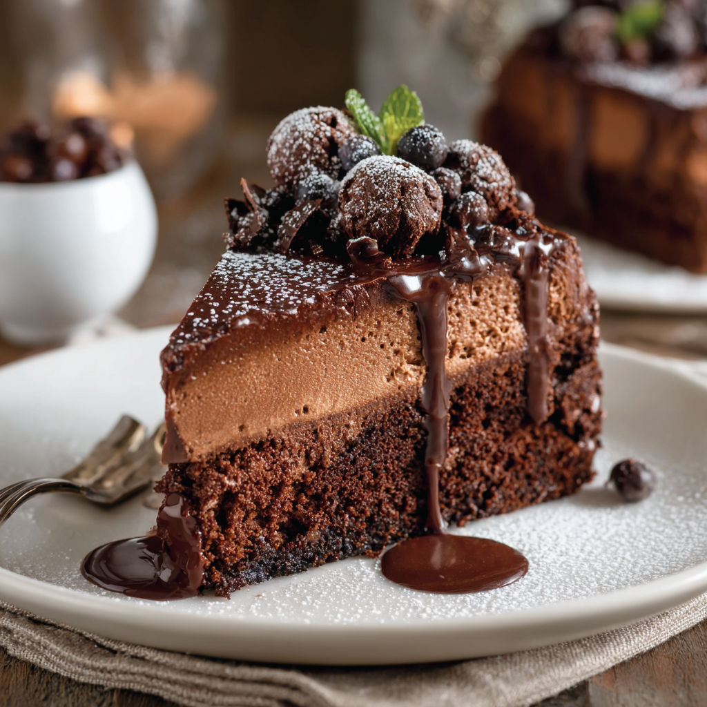 Un gâteau au chocolat décoré de fruits rouges et nappage chocolaté, posé sur un présentoir en verre.