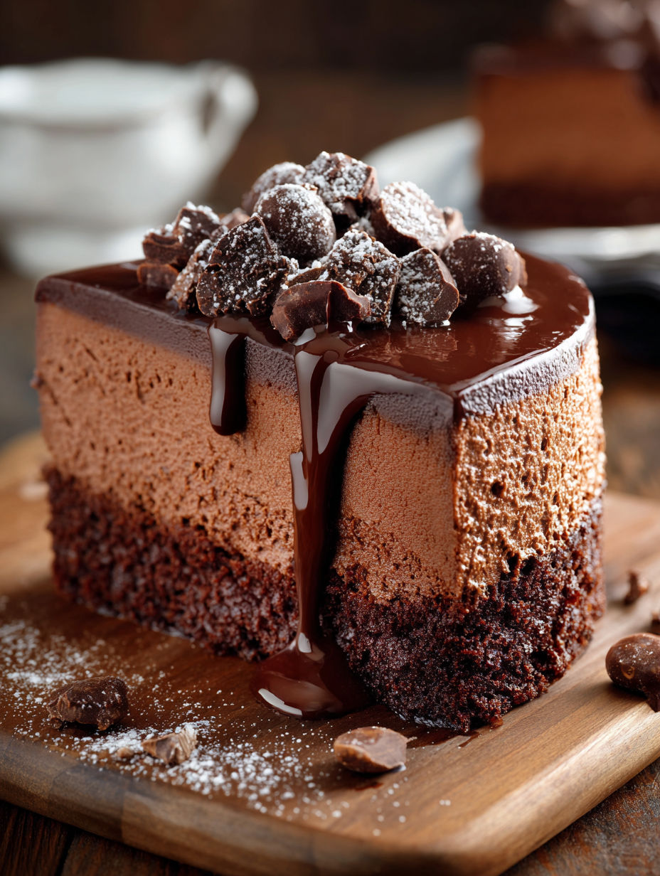 Un délicieux gâteau au chocolat nappé de chocolat fondu et décoré de chocolat noir, présenté sur un plateau en bois.