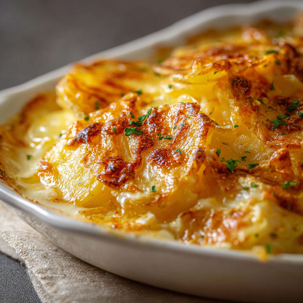 Gratin dauphinois doré et servi fumant dans un plat blanc.