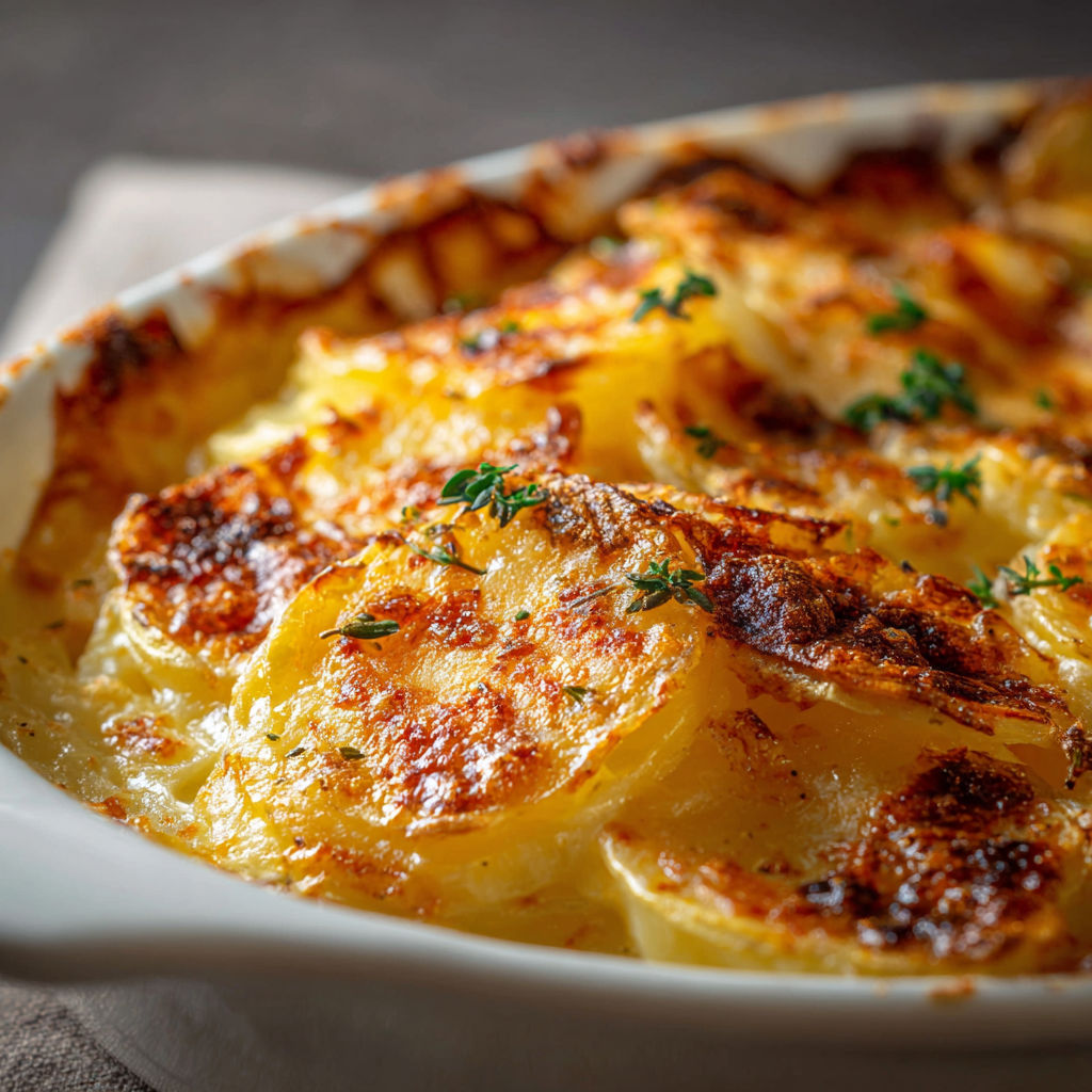 Un gratin doré servi dans un plat en porcelaine profond.