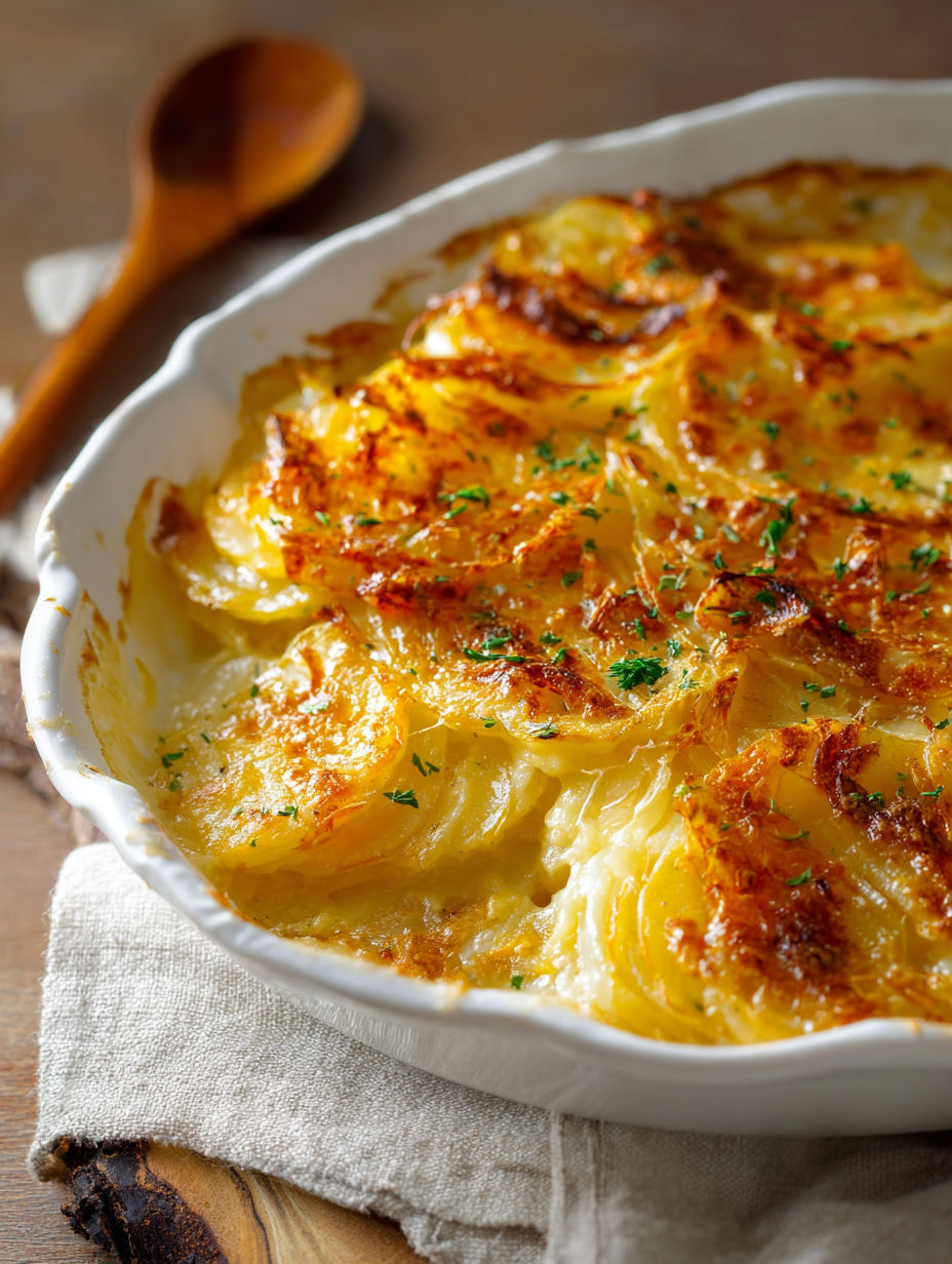 Un gratin de pommes de terre fumant servi dans un plat blanc profond.