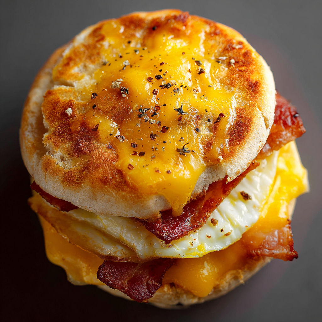 Un sandwich au pain anglais avec œufs et lardons, nappé de sauce fromagère.
