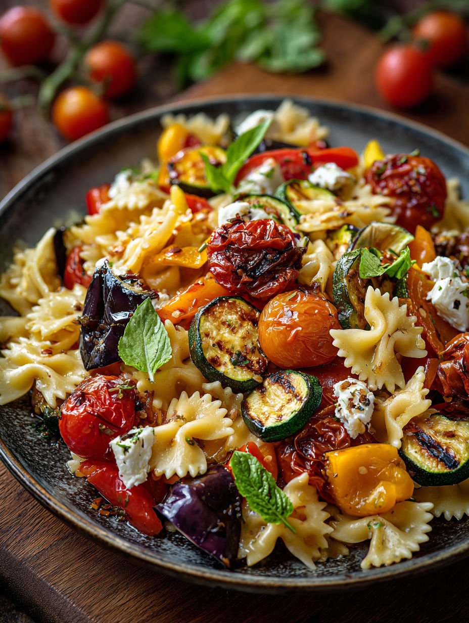 Une salade de pasta et de légumes colorés, avec des tomates, des courgettes, des oignons, des zucchini et des épinards.