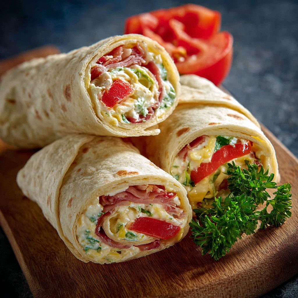 Des petits sandwichs roulés garnis, posés sur une planche en bois avec des herbes et des oeufs.