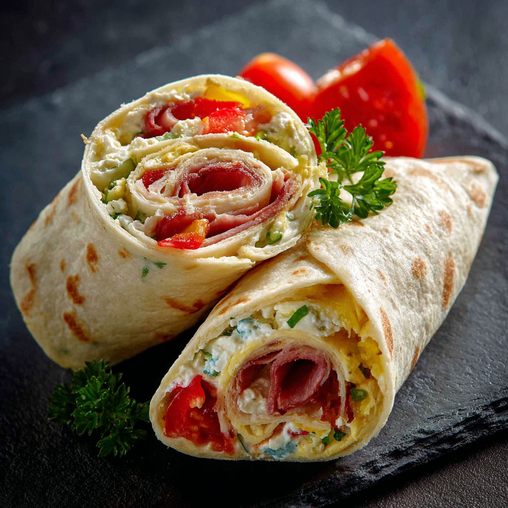 Un sandwich roulé avec poulet, tomate et herbes posé sur une table noire.