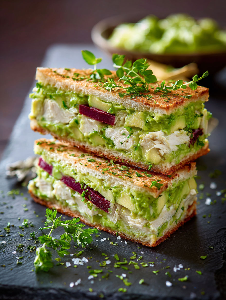 Un sandwich au poulet garni de verdure et d'herbes fraîches.