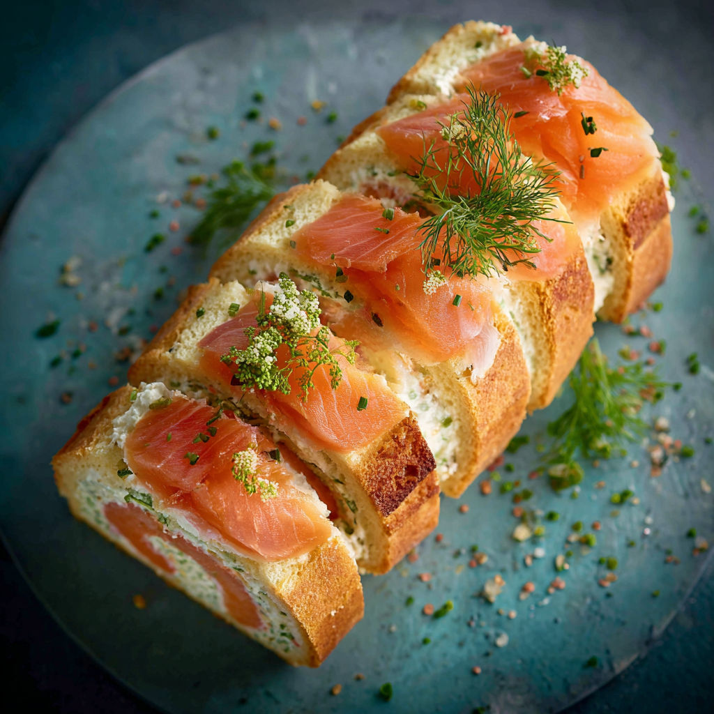 Une tranche de terrine de saumon aux herbes fraîches posée sur un plateau en verre.