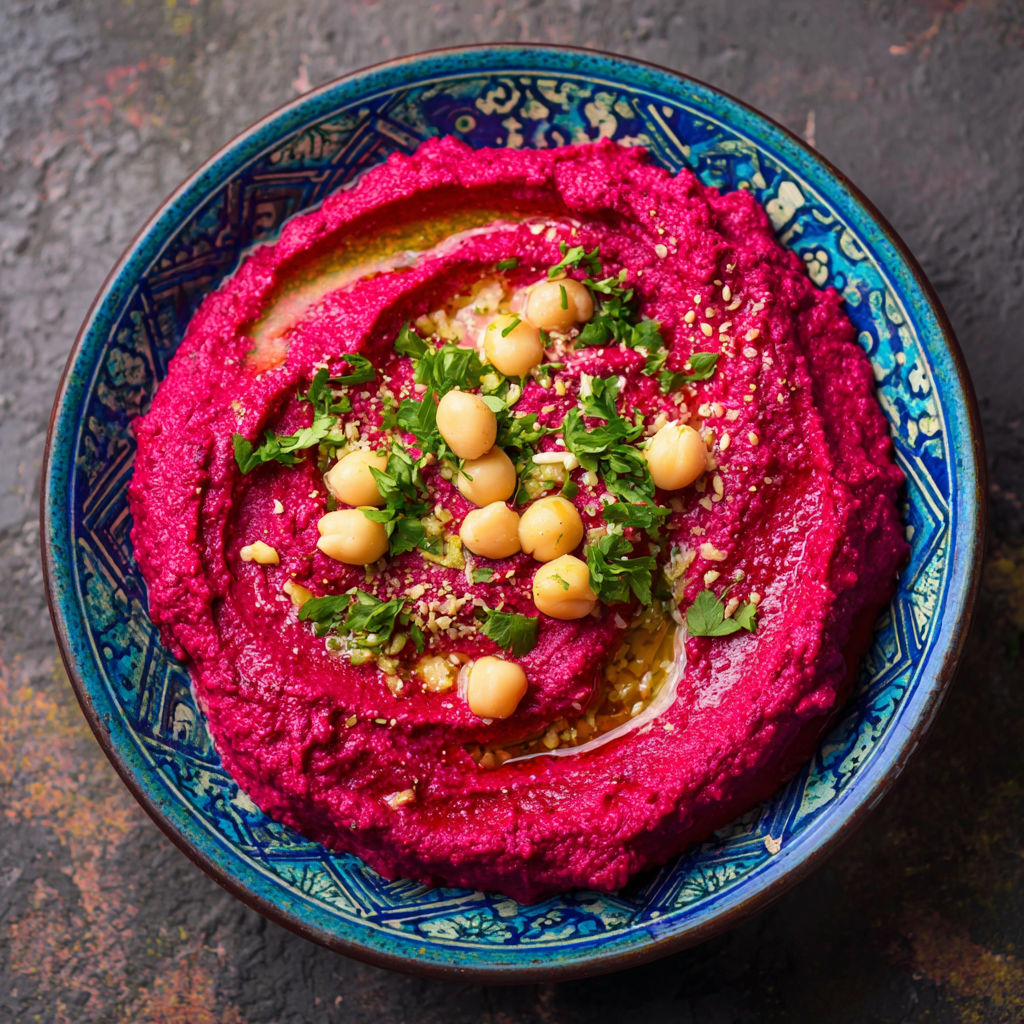 Un dip rouge vif garni de graines et d'herbes fraîches.