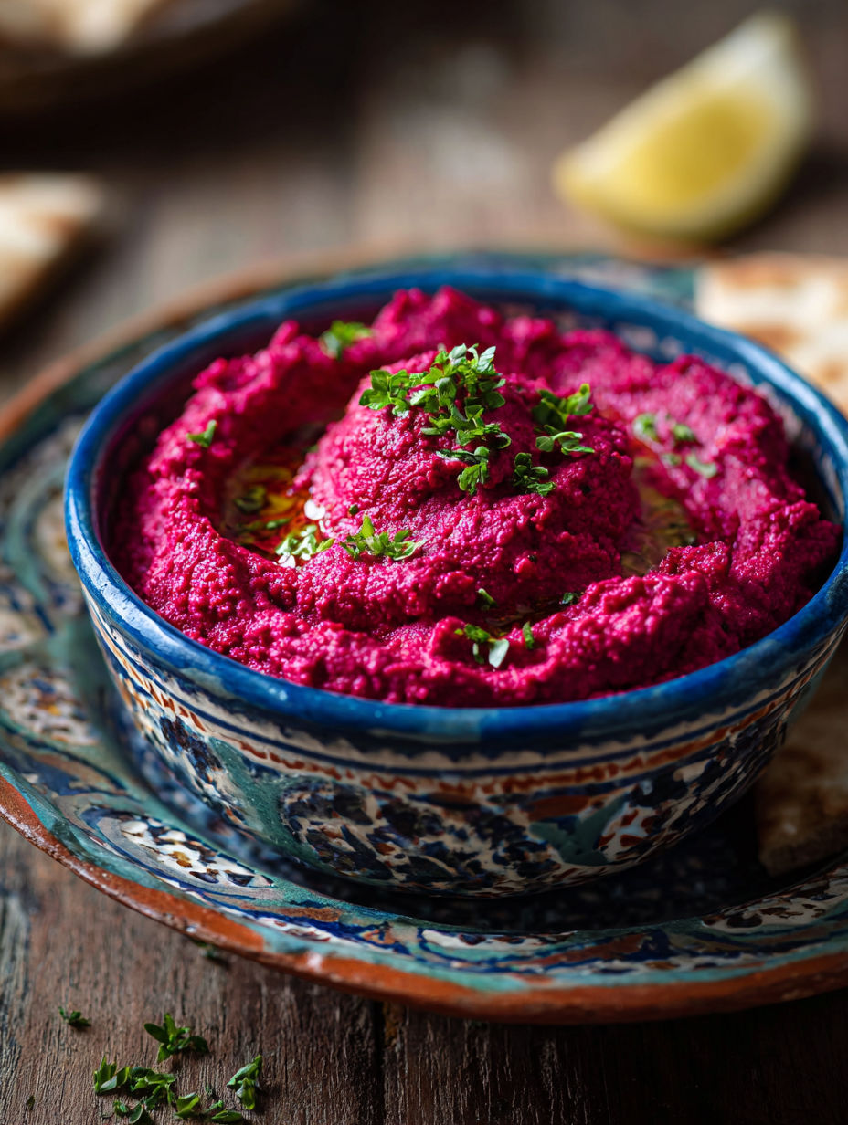 Un bol de purée rose vif servi sur une table rustique.