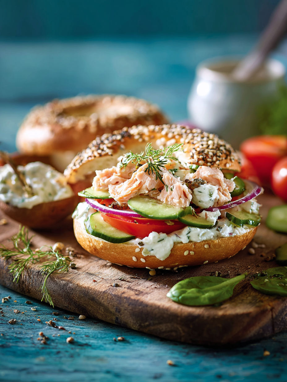 Un sandwich avec du saumon et des tomates posé sur une planche en bois.