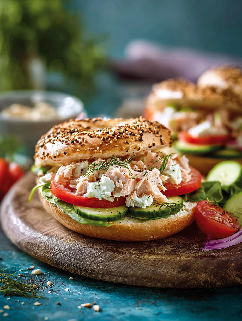 Un sandwich au saumon avec tomates et concombre, servi avec une sauce yaourt.
