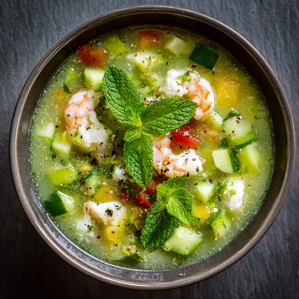 Un potage froid avec des légumes et des fruits de mer, décoré de menthe et de concombre.