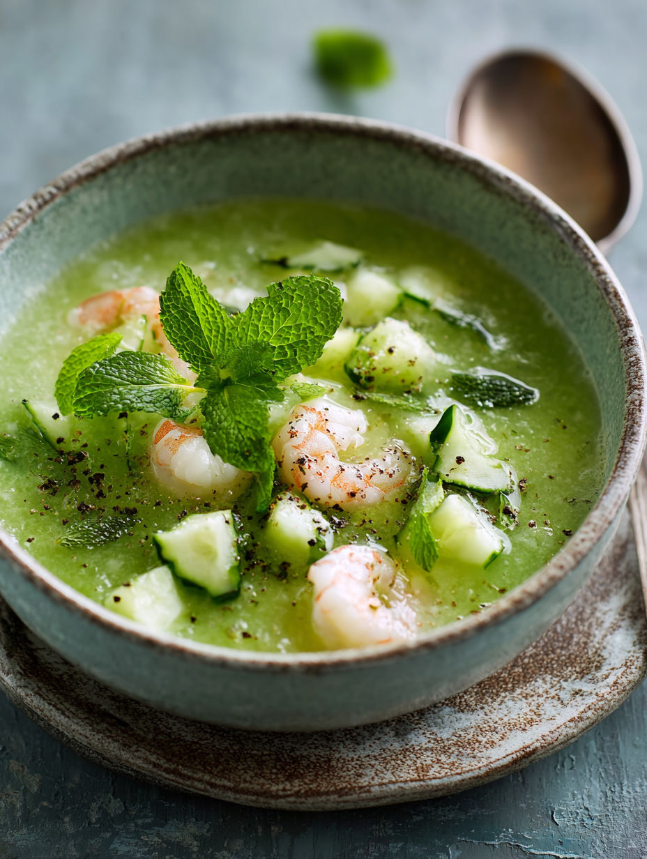 Un potage froid avec des concombres, des herbes et des crevettes roses.