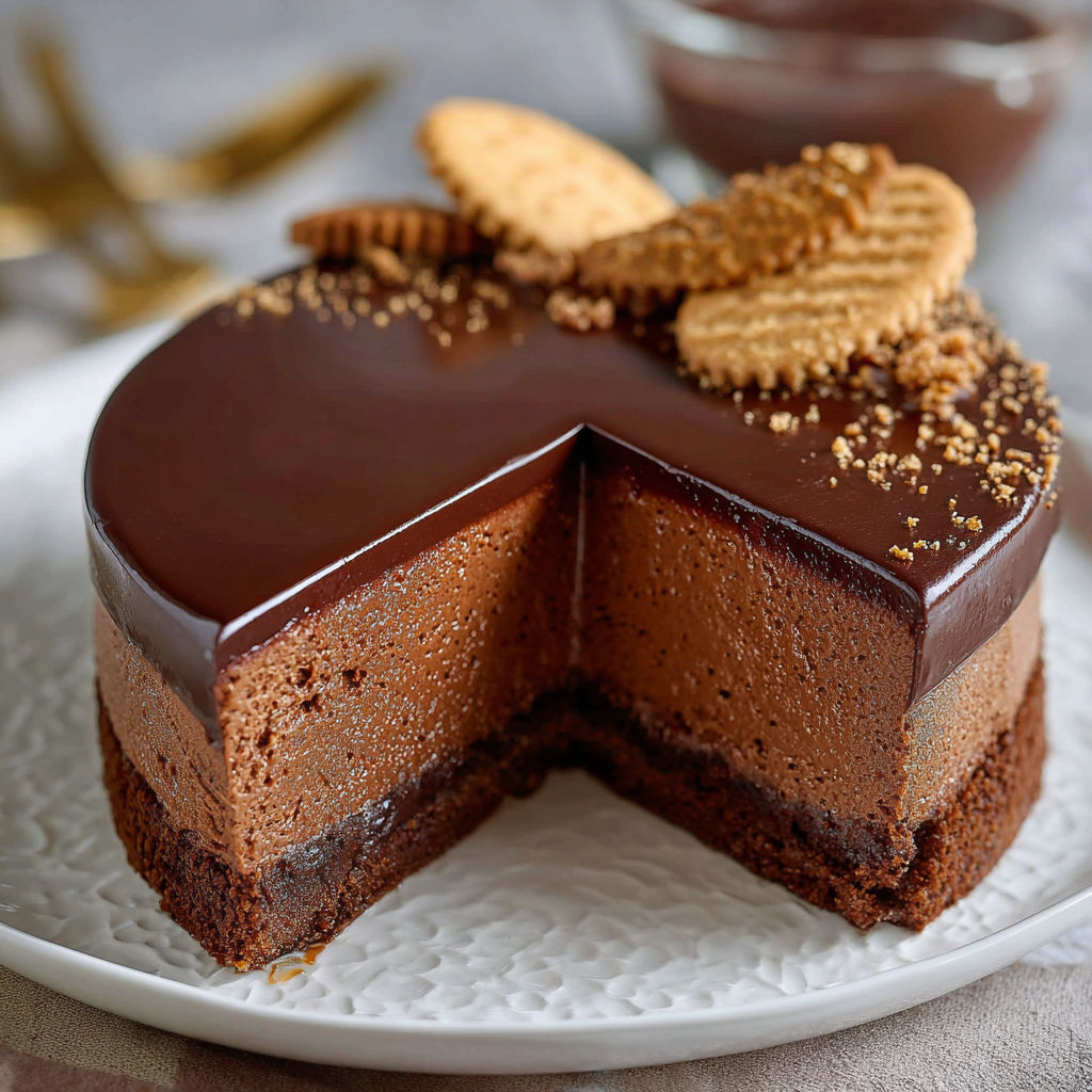 Une tarte chocolat avec des biscuits et des noix, servie sur un plateau.