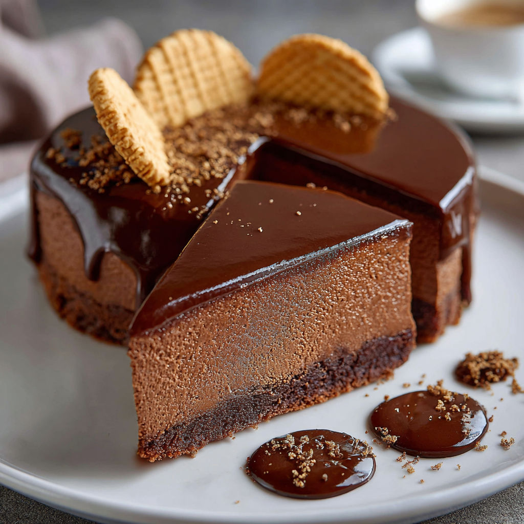 Une tarte au chocolat avec des croutons de cacao et des sauces chocolatées.