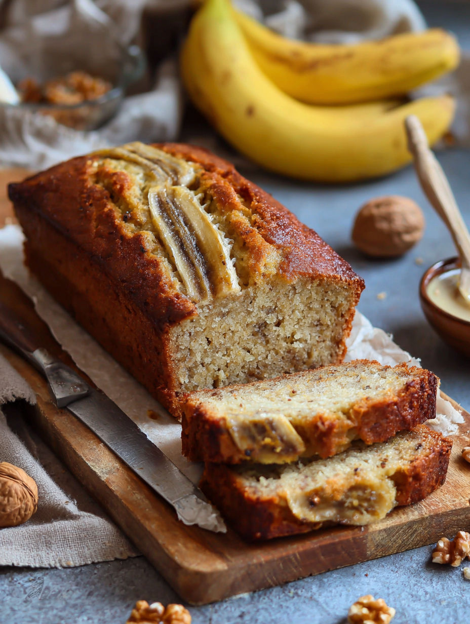 Un morceau de cake est présenté sur une table avec des noix et des bananes.