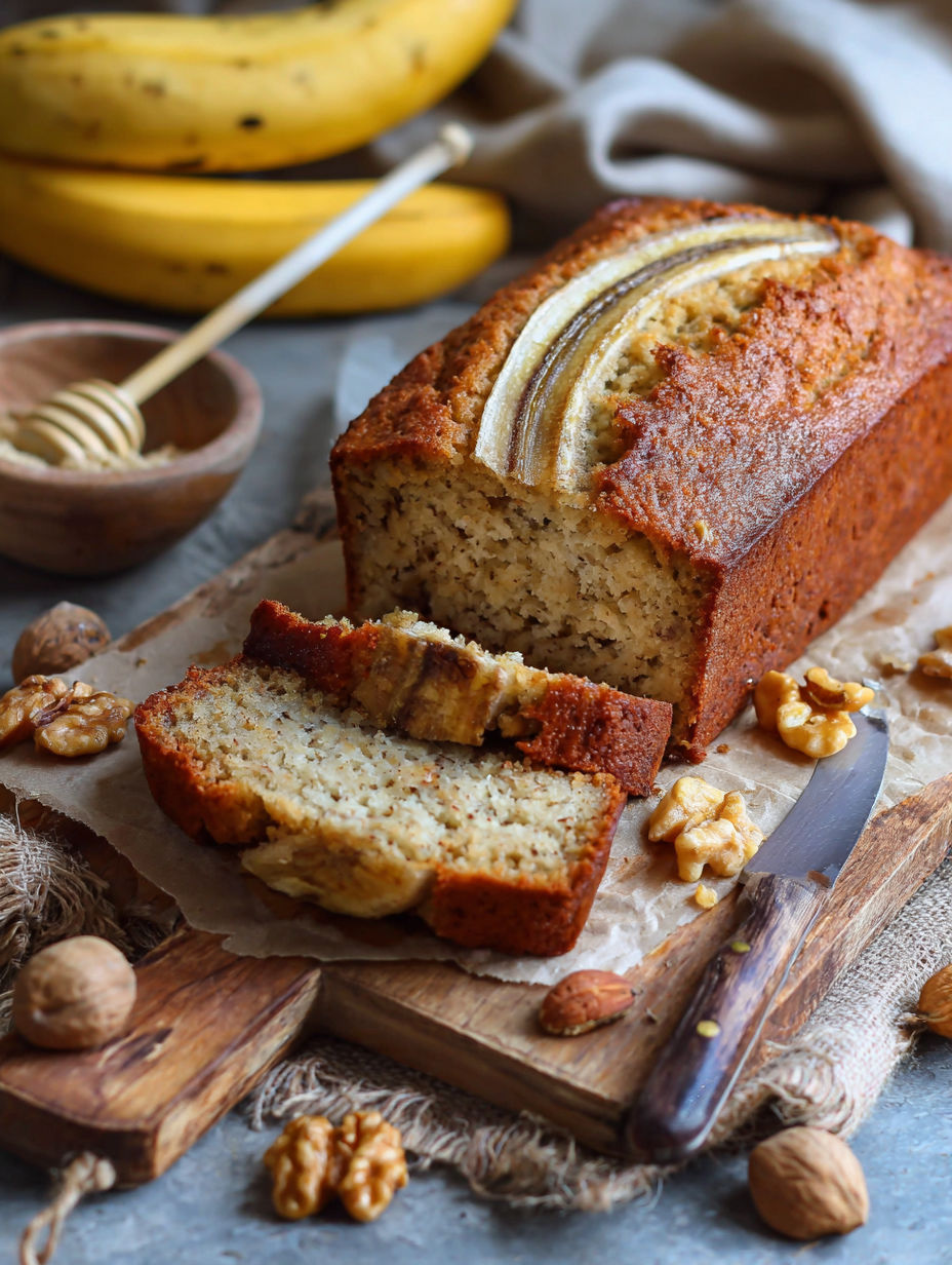 Un morceau de gâteau à la banane et aux noix est présenté sur une table.