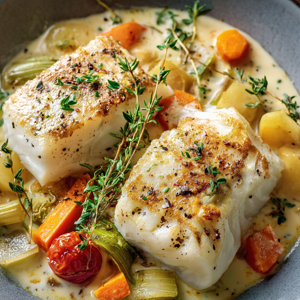 Une recette de poisson grillé avec des légumes et des herbes.