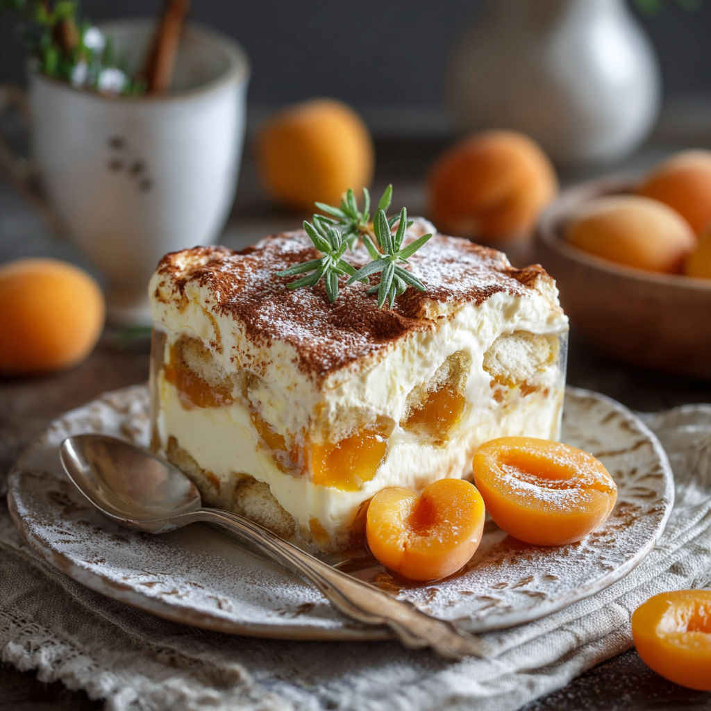 Un dessert crémeux aux fruits de saison et herbes fraîches servi sur un plateau décoratif.