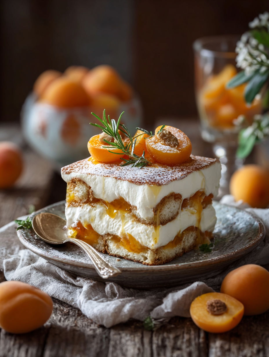 Un dessert aux fruits présenté sur un plateau avec des garnitures de fruits frais et herbes aromatiques.