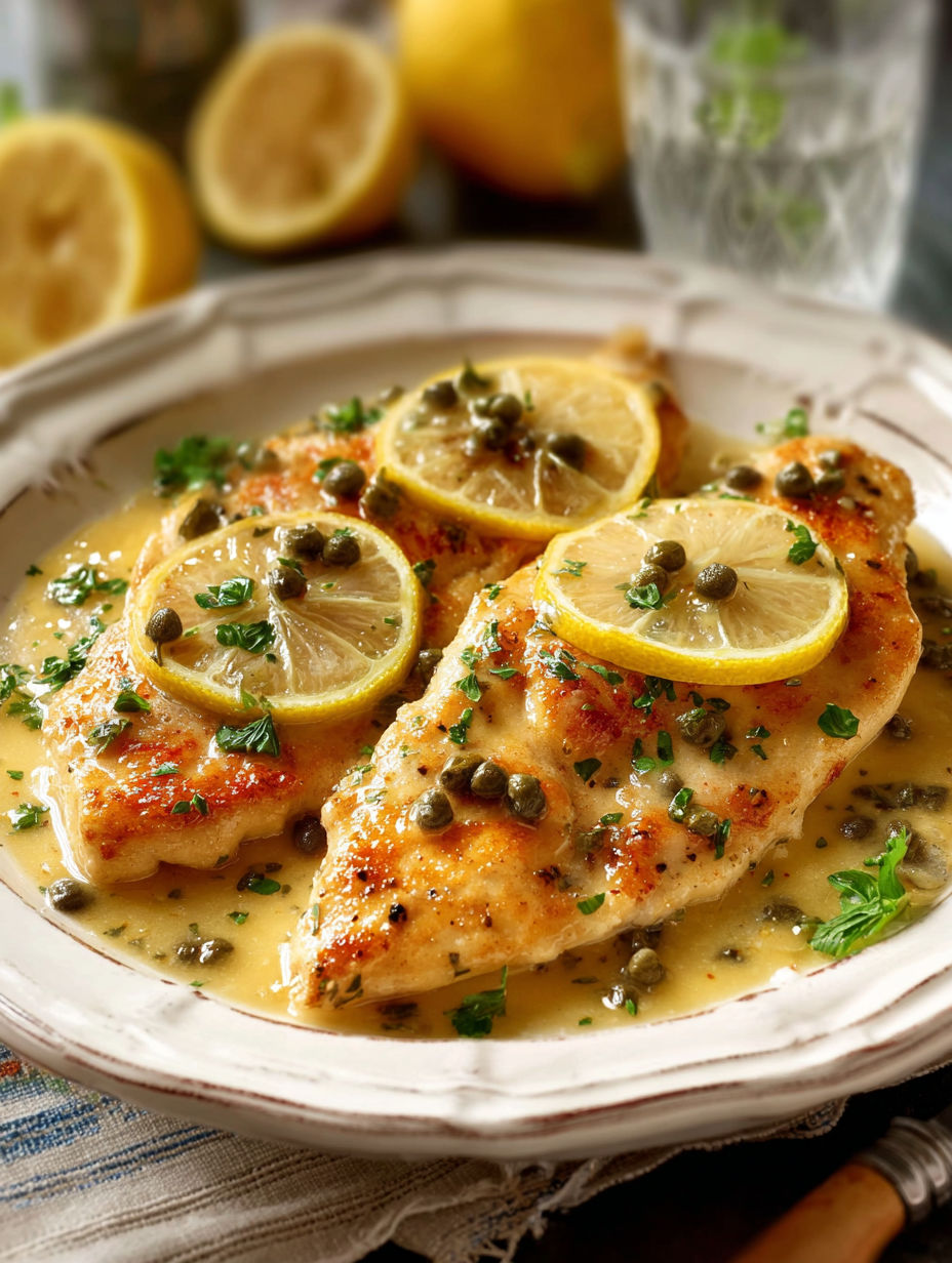 Chicken with lemon and capers in a creamy sauce.