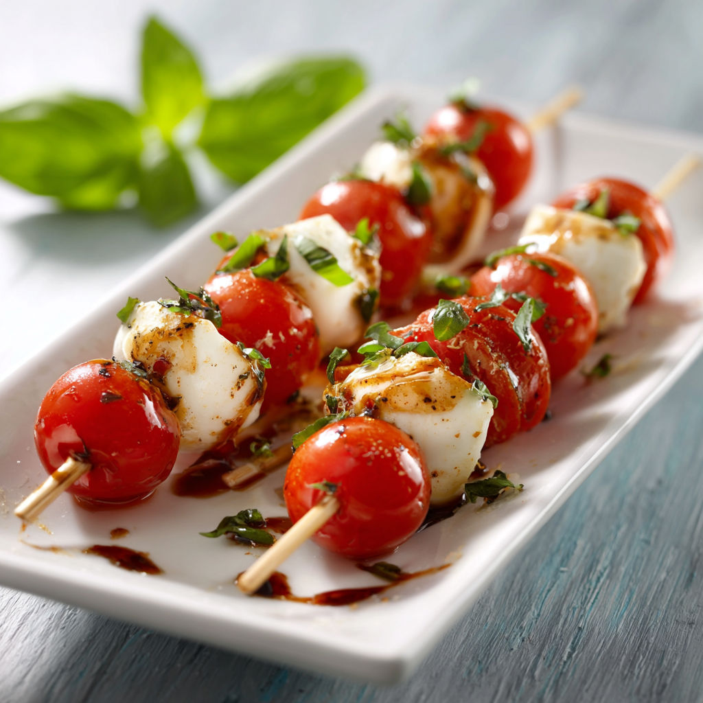 Un plateau de brochettes colorées mêlant tomates et mozzarella, accompagnées d'herbes fraîches.