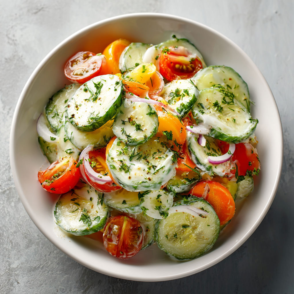 Une salade de tomates et de concombres, présentée dans un bol.