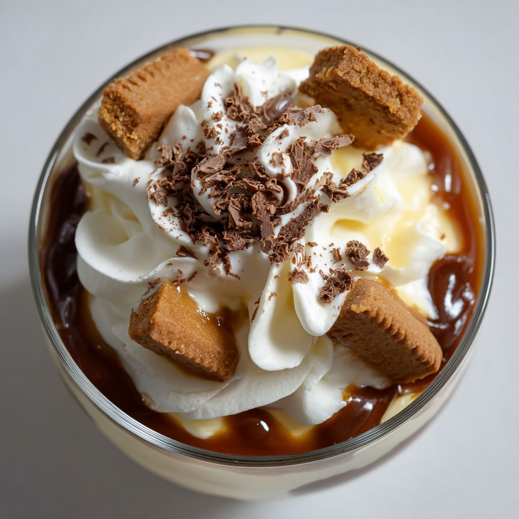 Un dessert onctueux au caramel avec des miettes de biscuits.