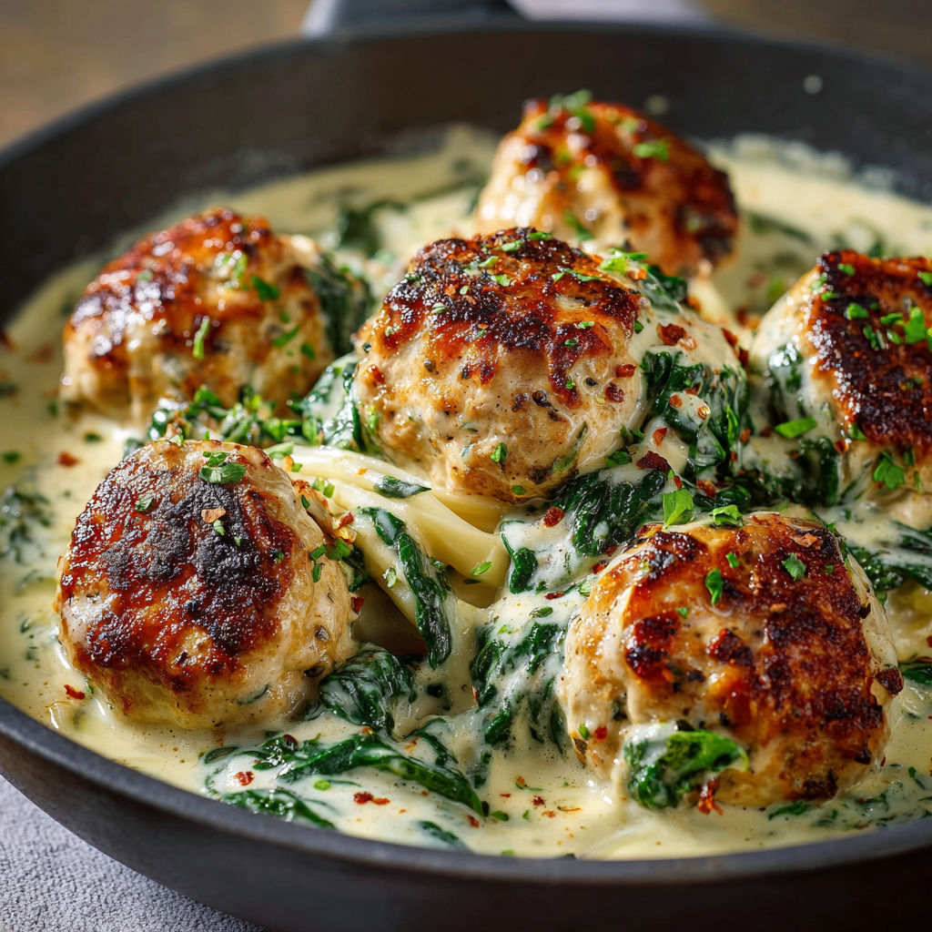 Un plat de poulet nappé de sauce verte, garni d'herbes fraîches, servi dans une assiette en fonte.