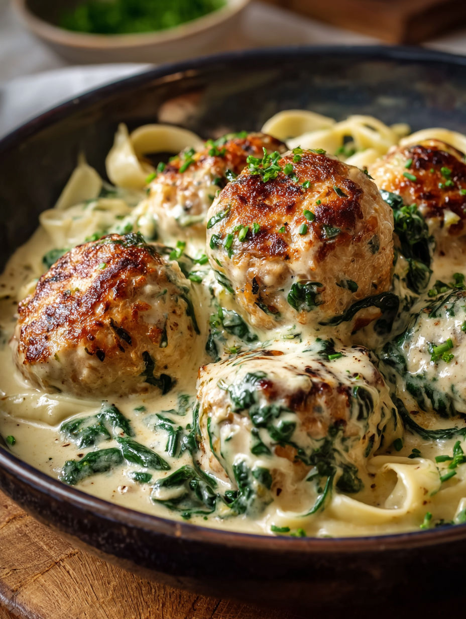 Un plat de pâtes fraîches avec des boulettes et un mélange d'herbes vertes.