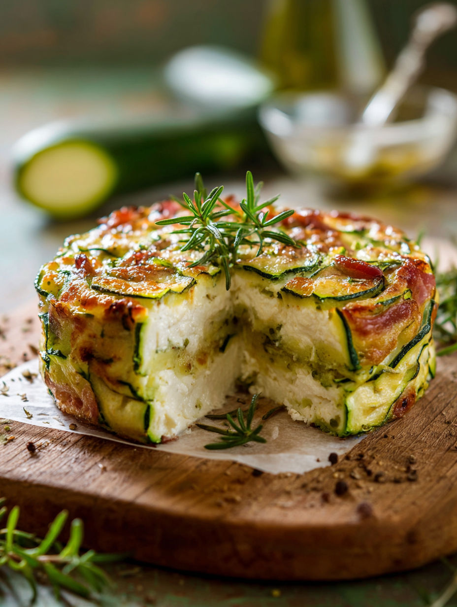 Un gâteau de courgettes présenté sur une planche en bois.