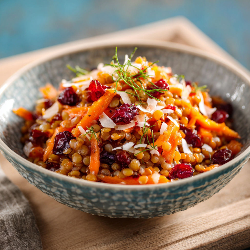Plat frais de carottes et lentilles avec coco et citron.