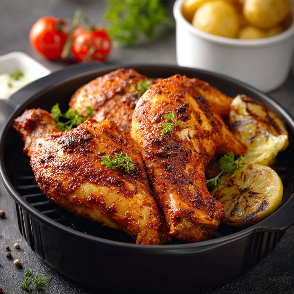 Une assiette appétissante de poulet doré avec légumes et pommes de terre.