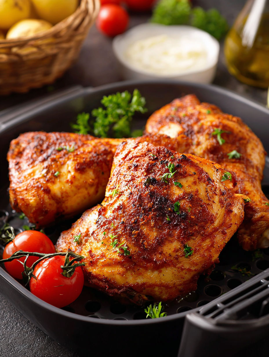 Filets de poulet grillés avec tomates et herbes, servis dans un bol avec sauce à l'ail.