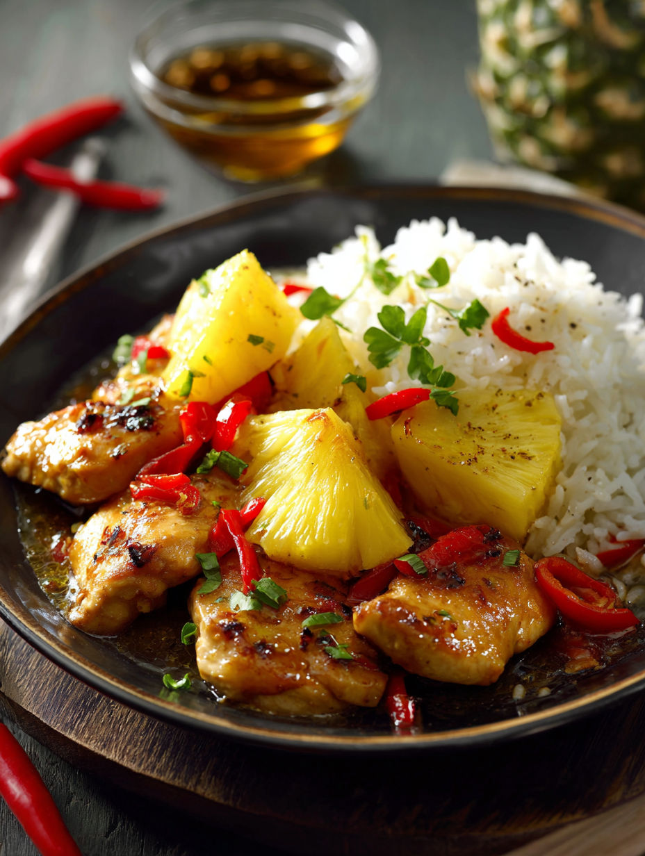 Un plat de poisson grillé avec des morceaux d'ananas et des épinards, servi dans un bol noir.