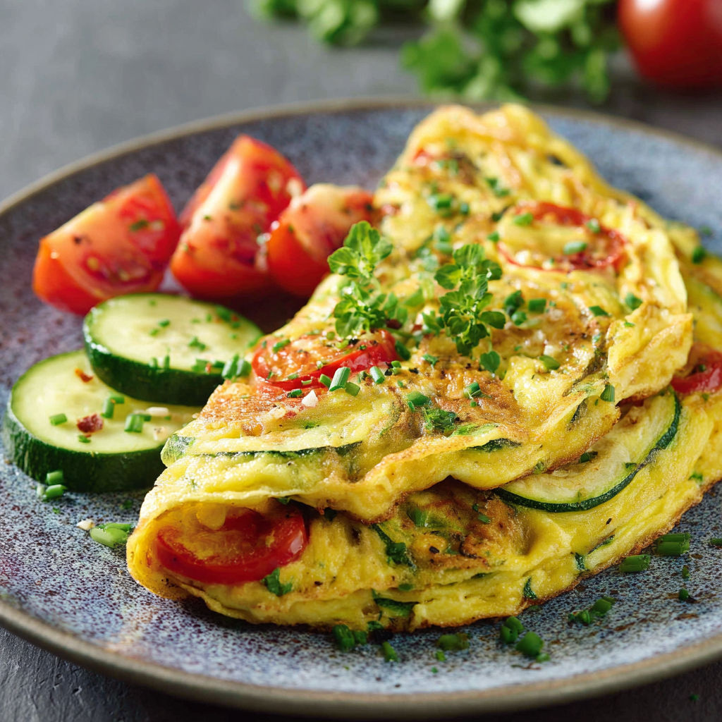 Un plat décoré avec une omelette aux légumes grillés, en compagnie de crudités sur une assiette.