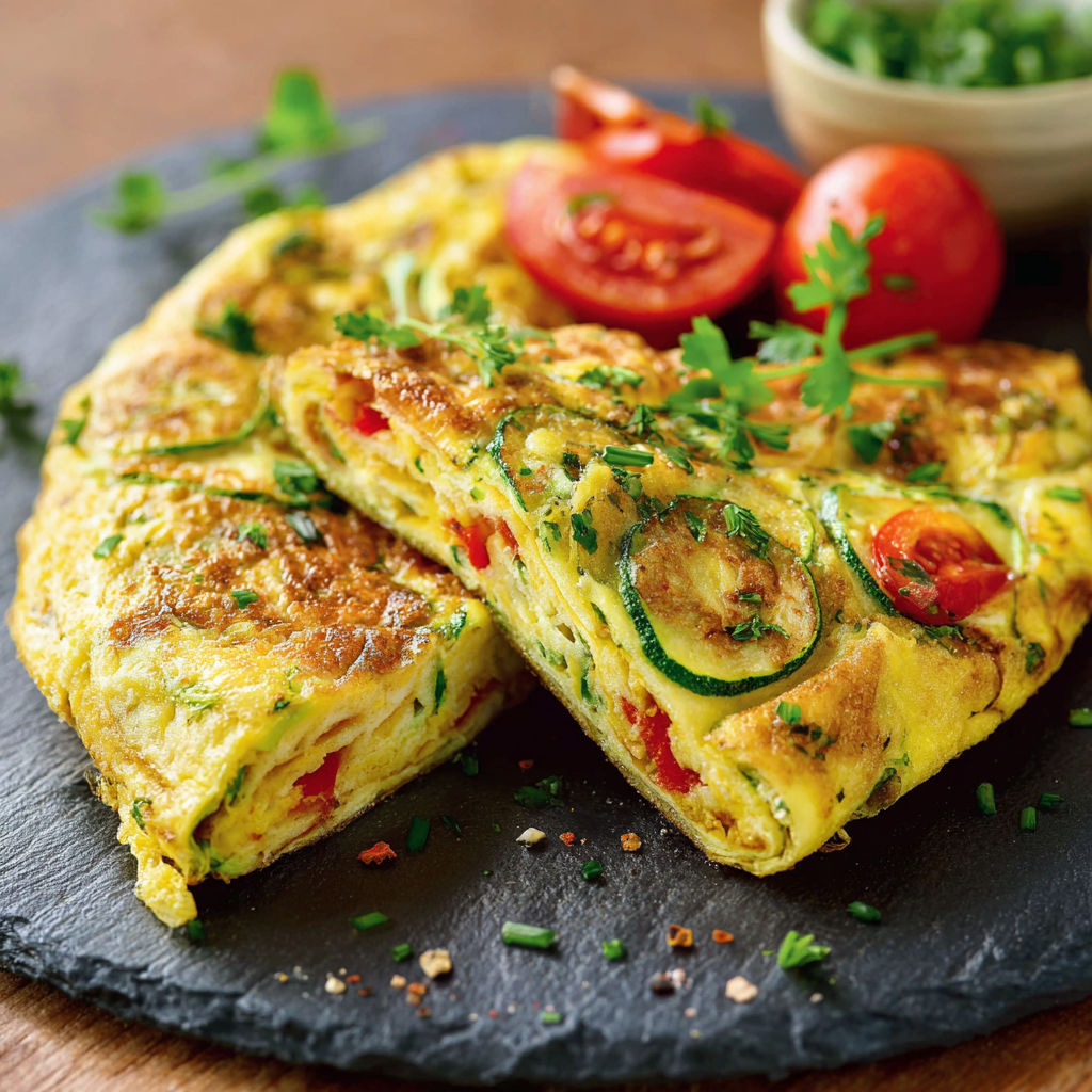 Une omelette aux courgettes et tomates, avec des herbes et des épices, est servie sur un plateau.
