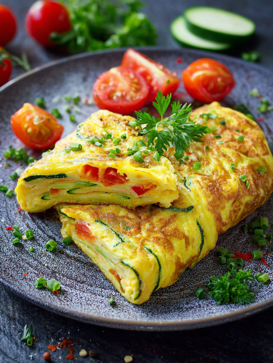Une omelette aux légumes est servie sur un plateau avec des légumes tels que des tomates, des poivrons et des oignons.