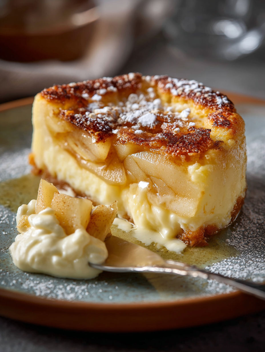 Un gâteau aux pommes et crème saupoudré de sucre avec de la chantilly sur un plateau.