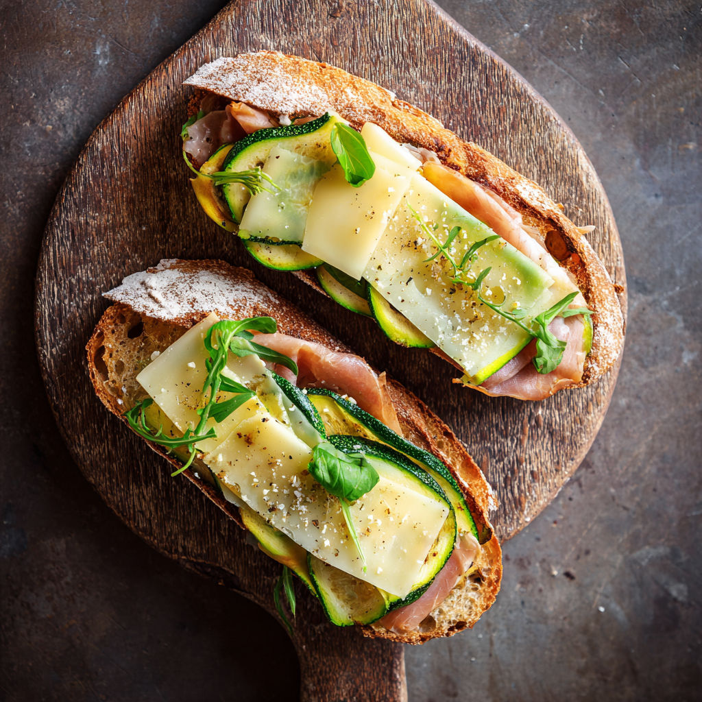 Une sandwich de zucchini et de jambon sur une planche de bois.