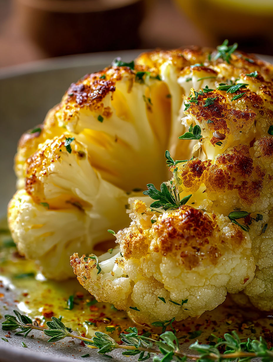 Des bouquets de chou-fleur cuits et assaisonnés aux herbes et épices, servis dans une assiette avec une sauce d'accompagnement.