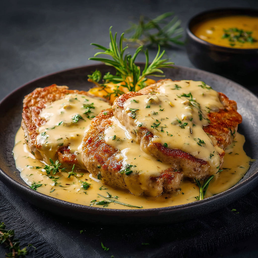 Un plat de poulet nappé de sauce crémeuse servi sur un plateau.