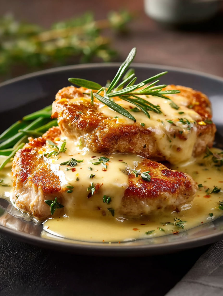 Poulet avec une sauce crémeuse et des herbes, servi dans une assiette.