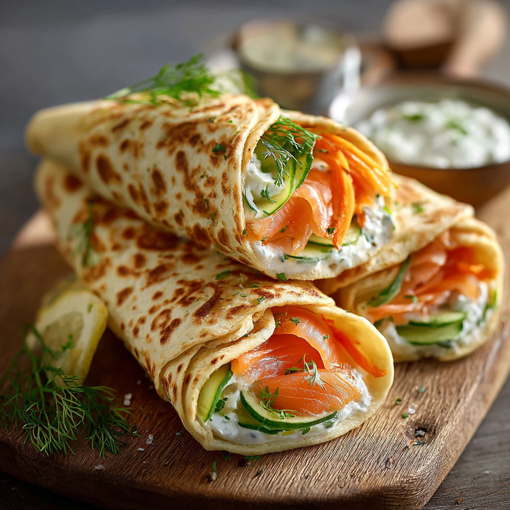Petits rouleaux de légumes et poisson avec sauce, servis sur une planche en bois.