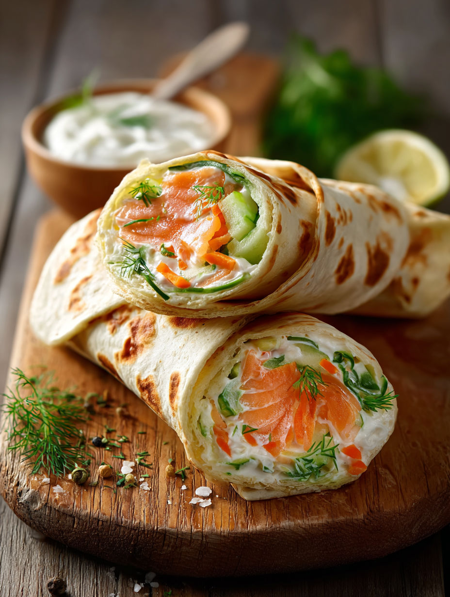 Une poignée de légumes et de sauce accompagne ces sandwichs de saumon et de cucumber.
