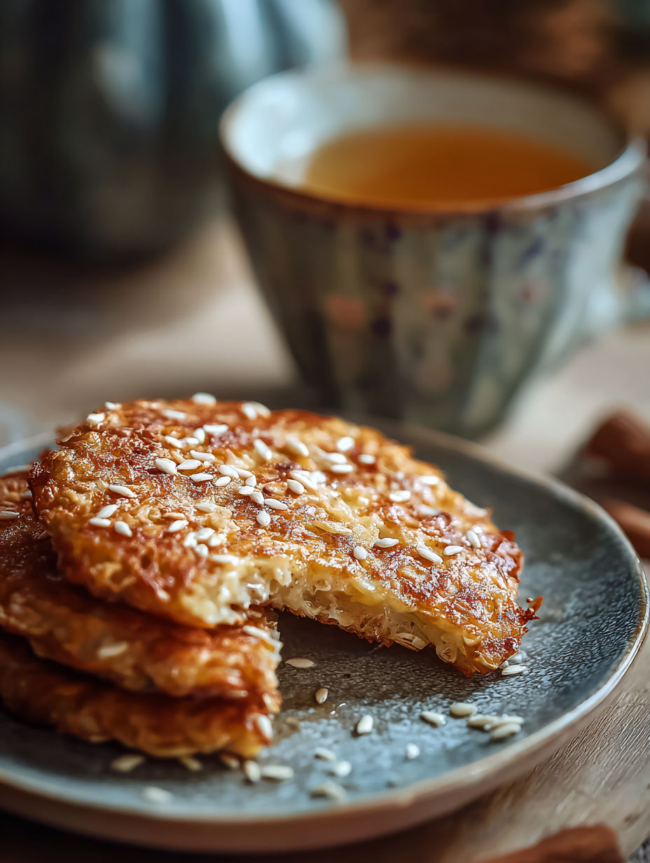 Une galette dorée et croustillante servie sur un plateau rustique avec une tasse de thé fumant.