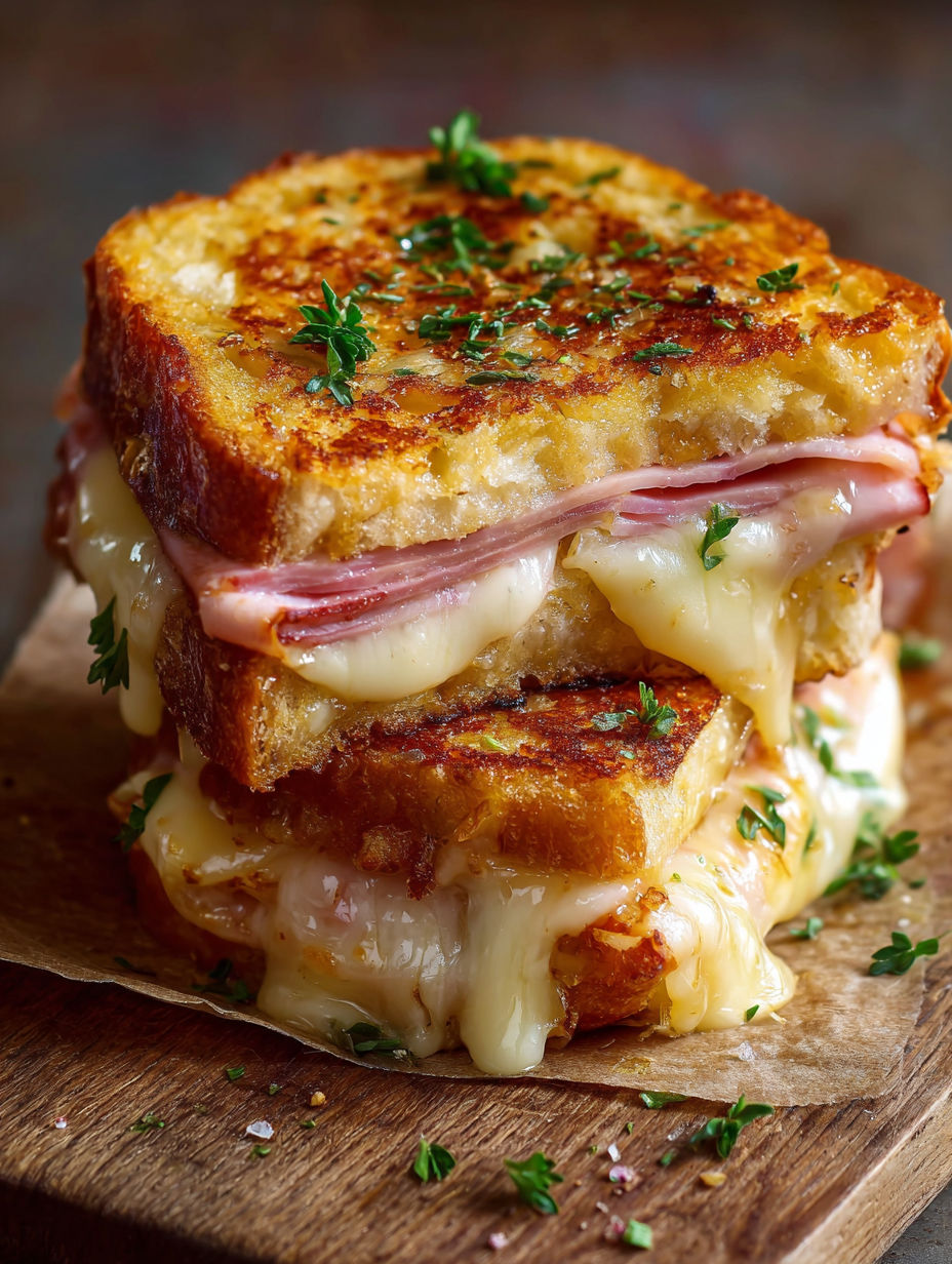 Un sandwich au fromage fondant garni de jambon et fines herbes vertes fraîches.
