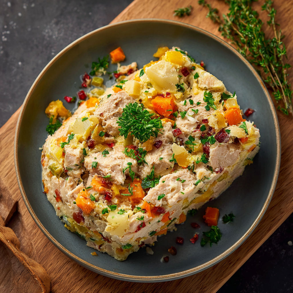 Un cake au poulet garni de légumes variés comme carottes et oignons servi sur un plateau.